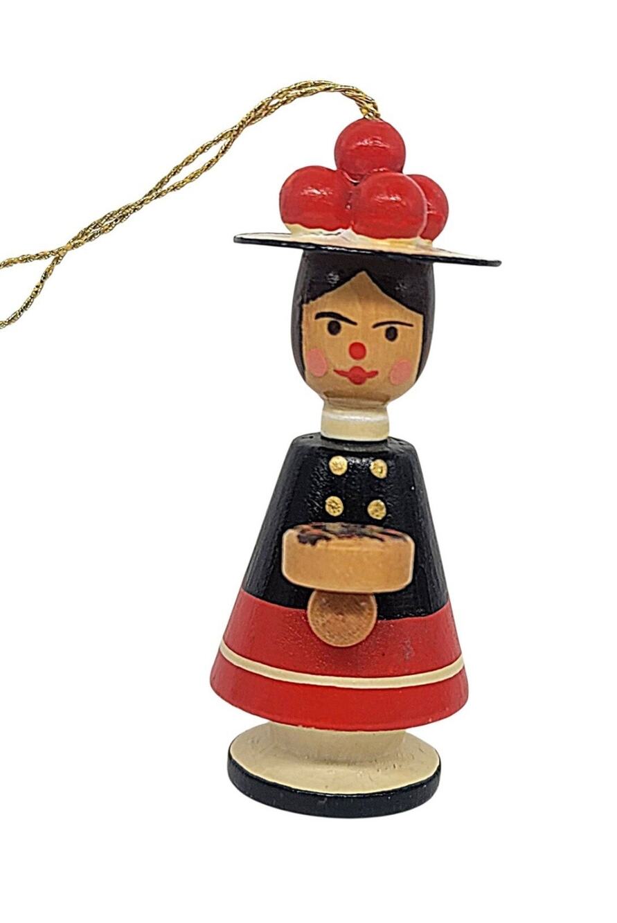 Vintage Wood Erzgebirge Germany Girl Figure Cherry Hat Cake Folk Art 3.5" CL31